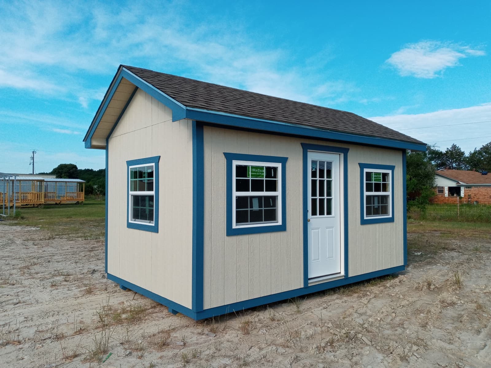 Atlas Cottage - Tan with Blue Trim